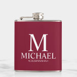 Modern Burgundy Red Personalized Groomsman Hip Flask<br><div class="desc">Modern Personalized Groomsman Gifts
featuring personalized monogram,  groomsman's name and title in white classic serif font style on burgundy red background.

Also perfect for Best Man,  Father of the Bride and more.</div>