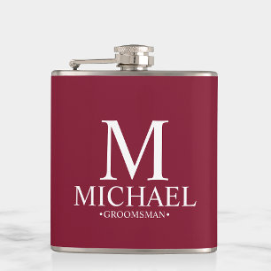 Modern Burgundy Red Personalized Groomsman Hip Flask