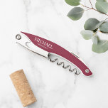 Modern Burgundy Red Personalized Groomsmen Corkscrew<br><div class="desc">Modern Personalized Groomsmen Corkscrew.
This design features personalized groomsman's name and title in white classic serif font style on burgundy red background.

Also perfect for best man,  father of the bride and more.</div>