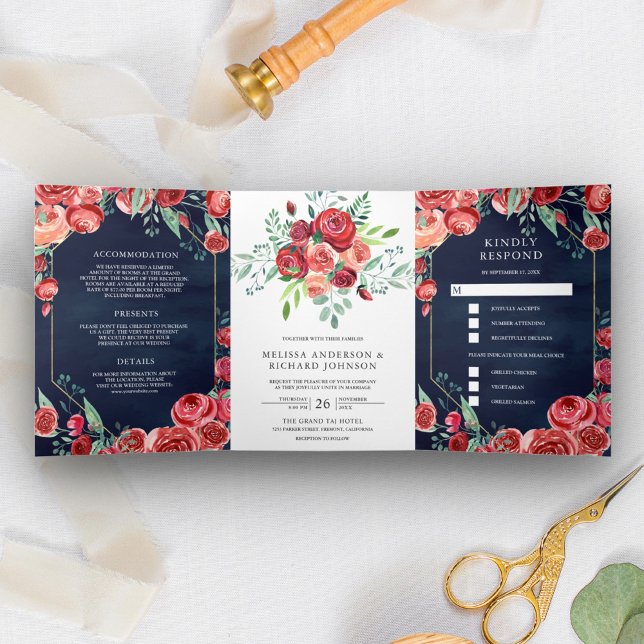 Modern Burgundy Red Roses Floral Navy Blue Wedding Tri-Fold Invitation (Creator Uploaded)