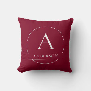 Modern Burgundy Red Simple Family Name Monogram Throw Pillow