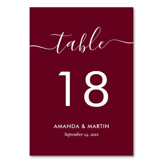 Modern Burgundy Red Table Number Card (Front)