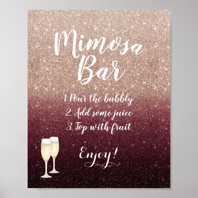Modern Burgundy Rose Gold Glitter Mimosa Bar Sign (Front)