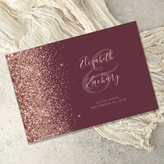 Modern Burgundy Rose Gold Glitter Script Guest Book (Creator Uploaded)