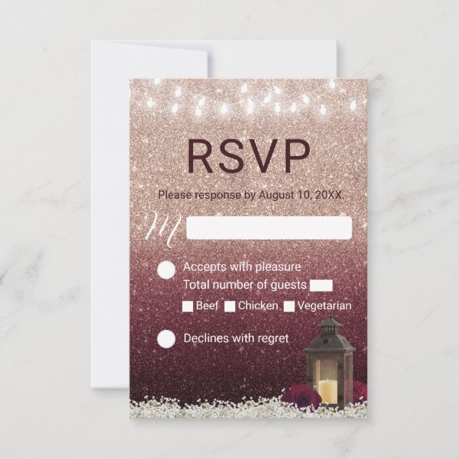 Modern Burgundy Rose Gold Lantern Wedding RSVP (Front)