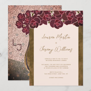Modern Burgundy Rose Vase Floral Rehearsal Dinner Invitation