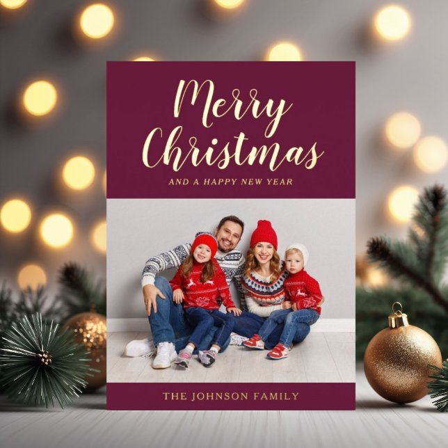 Modern Burgundy Script Christmas Gold Foil Holiday Card (Modern Burgundy Script Christmas Gold Foil Holiday Card)