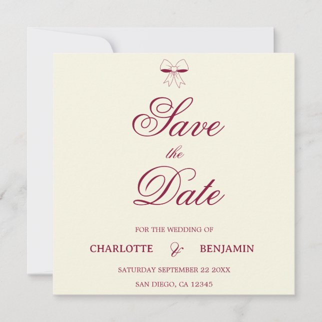 Modern Burgundy Script Ivory Bow Chic Wedding Card (Front)