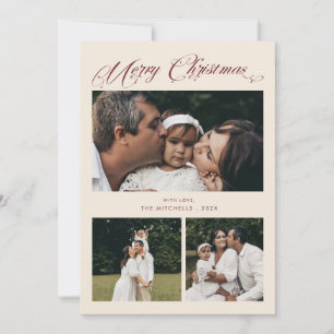 Modern Burgundy Script Merry Christmas 4 Photo Holiday Card