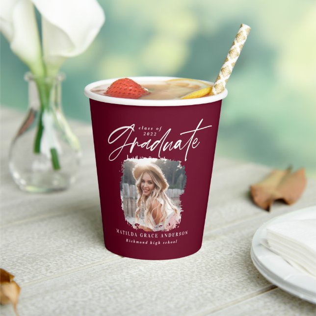 Modern burgundy script photo elegant graduation paper cups (Insitu)