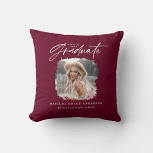 Modern burgundy script photo elegant graduation throw pillow