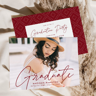 Modern Burgundy Script Photo Graduation Party Invitation