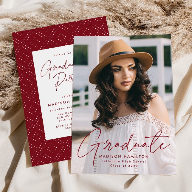 Modern Burgundy Script Photo Graduation Party Invitation (Creator Uploaded)