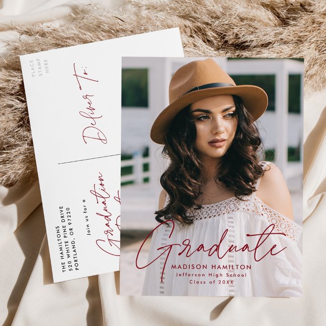 Modern Burgundy Script Photo Graduation Party Invitation Postcard (Creator Uploaded)