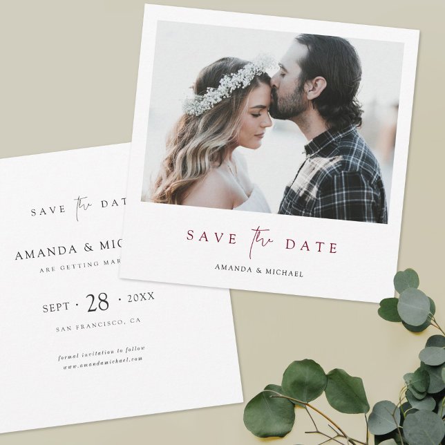 Modern Burgundy Script Photo Wedding Save the Date (Creator Uploaded)