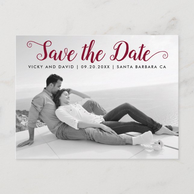 Modern burgundy script wedding Save the Date photo Postcard (Front)