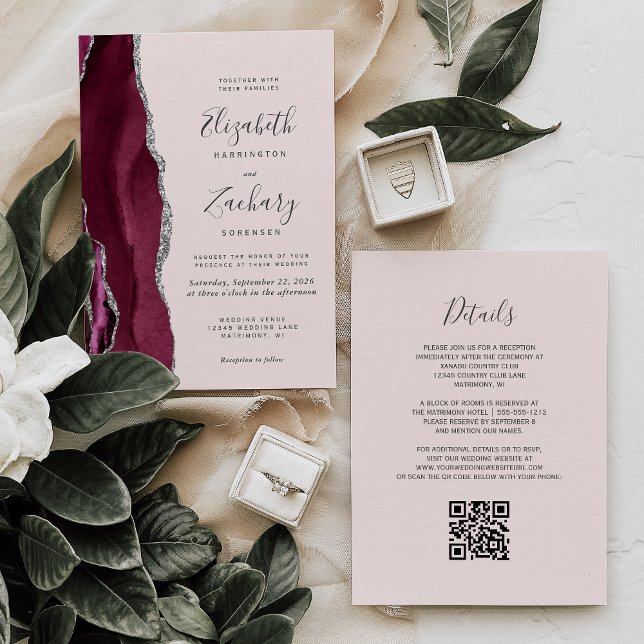 Modern Burgundy Silver Agate Blush QR Code Wedding Invitation (Creator Uploaded)