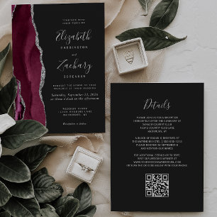 Modern Burgundy Silver Agate Dark QR Code Wedding Invitation