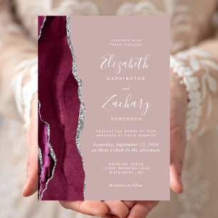 Modern Burgundy Silver Agate Dusty Rose Wedding Invitation