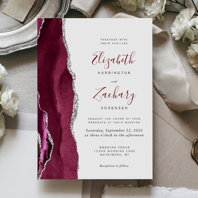 Modern Burgundy Silver Agate Light Grey Wedding Invitation (Creator Uploaded)