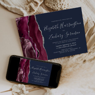 Modern Burgundy Silver Agate Navy Blue Wedding Invitation