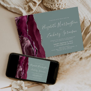 Modern Burgundy Silver Agate Sage Green Wedding Invitation