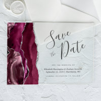 Modern Burgundy Silver Agate Save the Date Card