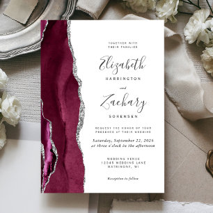 Modern Burgundy Silver Agate Wedding Invitation