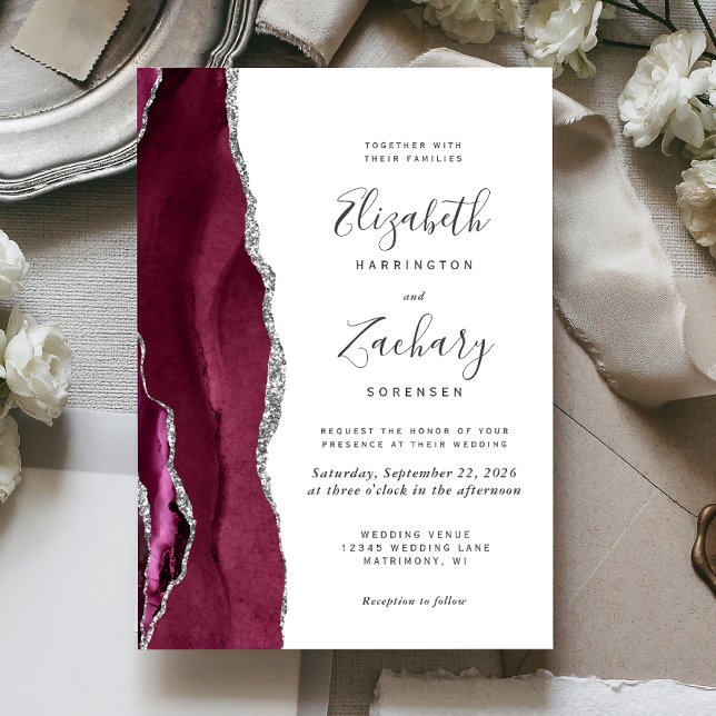 Modern Burgundy Silver Agate Wedding Invitation (Creator Uploaded)