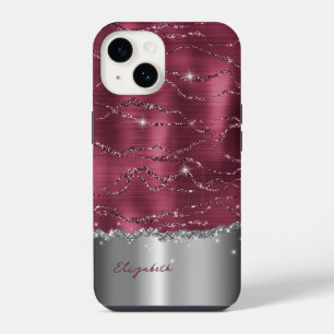 Modern Burgundy Silver Faux Glitter Monogram Case