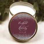 Modern Burgundy Silver Glitter Edge Wedding Classic Round Sticker<br><div class="desc">This elegant modern wedding sticker features a faux silver glitter design on the top and bottom edge. Easily customize the white text on a dark burgundy red background,  with the names of the bride and groom in handwriting calligraphy over a large ampersand.</div>