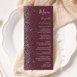 Modern Burgundy Silver Glitter Edge Wedding Menu<br><div class="desc">The left-hand edge of this elegant modern wedding menu features a silver faux glitter design. The customizable text combines silver grey handwriting,  copperplate and italic fonts on a burgundy background. The reverse side features a matching burgundy and silver glitter design.</div>