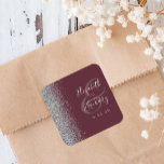 Modern Burgundy Silver Glitter Edge Wedding Square Sticker<br><div class="desc">This elegant modern wedding sticker features a faux silver glitter design on the left edge. Easily customize the silver grey text on a dark burgundy background,  with the names of the bride and groom in handwriting calligraphy over a large ampersand</div>