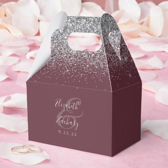 Modern Burgundy Silver Glitter Wedding Favor Box (Wedding)