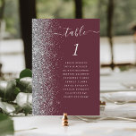 Modern Burgundy Silver Glitter Wedding Table Number<br><div class="desc">The left-hand edge of this elegant modern wedding table number card features a silver faux glitter border. The word "table" appears in silver grey whimsical handwriting script on a dark burgundy background. Add the names of your guests who are assigned to each table.</div>