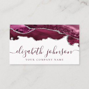 Modern Burgundy Silver Gray Glitter Agate Marble Business Card