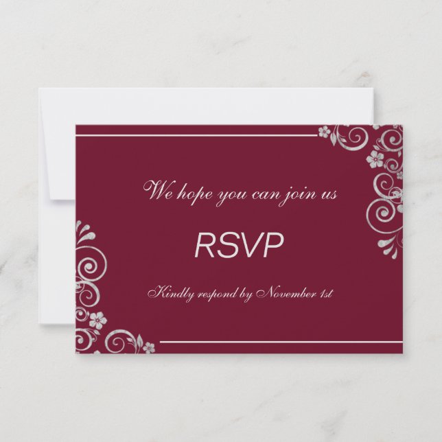 Modern Burgundy Silver Grey Floral  Wedding RSVP Card (Front)