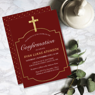 Modern Burgundy Simple Gold Cross Confirmation Invitation