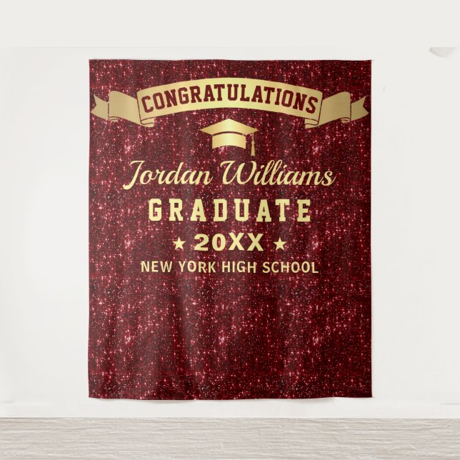 Modern Burgundy Sparkle Graduation Photo Backdrop Tapestry (Front)