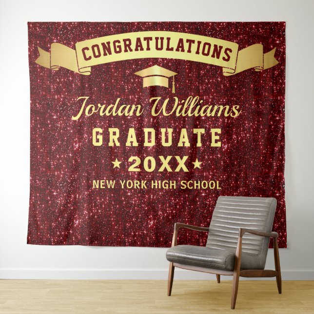 Modern Burgundy Sparkle Graduation Photo Backdrop Tapestry (In Situ (Horizontal))