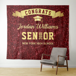 Modern Burgundy Sparkle Graduation Photo Backdrop Tapestry