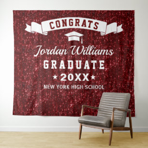 Modern Burgundy Sparkle Graduation Photo Backdrop Tapestry