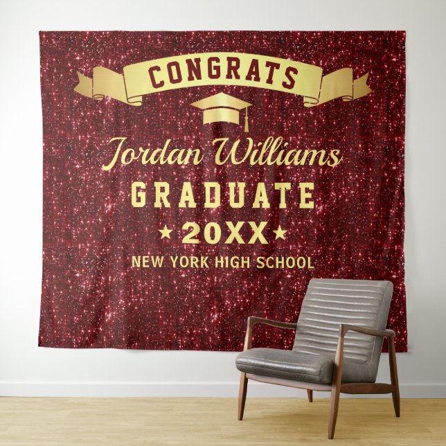 Modern Burgundy Sparkle Graduation Photo Backdrop Tapestry (In Situ (Horizontal))