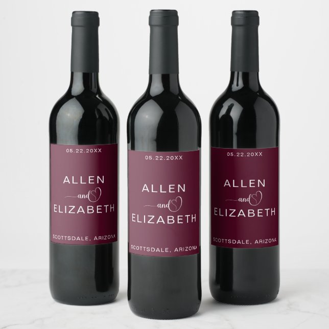 Modern Burgundy Stylish Wedding Sparkling Wine Wine Label (Bottles)