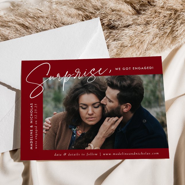 Modern Burgundy Surprise Photo Engagement Announcement (Creator Uploaded)