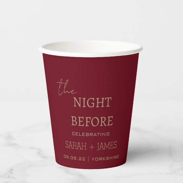 Modern Burgundy the Night Before Wedding Party   Paper Cups (Front)