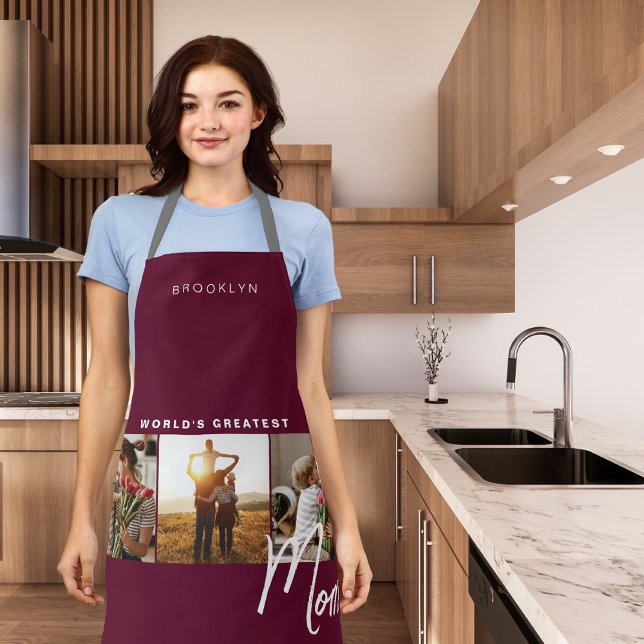 Modern Burgundy Three Photo Cooking Apron (Creator Uploaded)