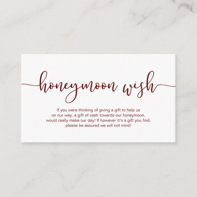 Modern Burgundy typeface, Wedding Honeymoon Wish Enclosure Card (Front)