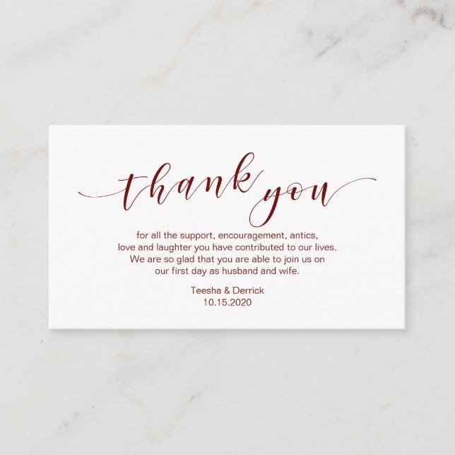 Modern Burgundy typeface, Wedding Thank you Enclosure Card (Front)