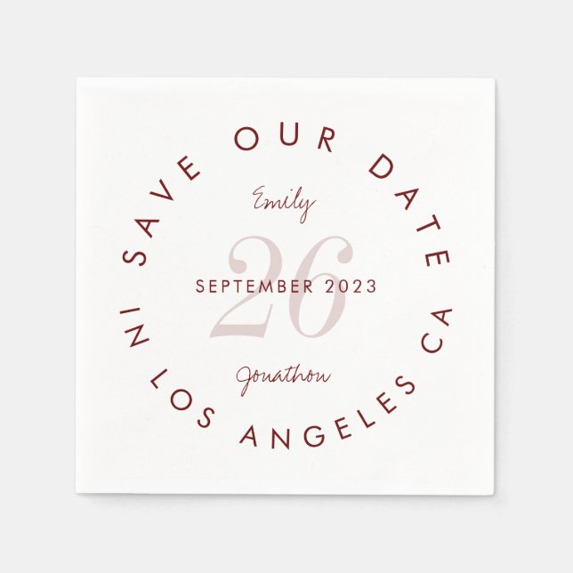 Modern Burgundy Typography Save The Date Napkin (Front)
